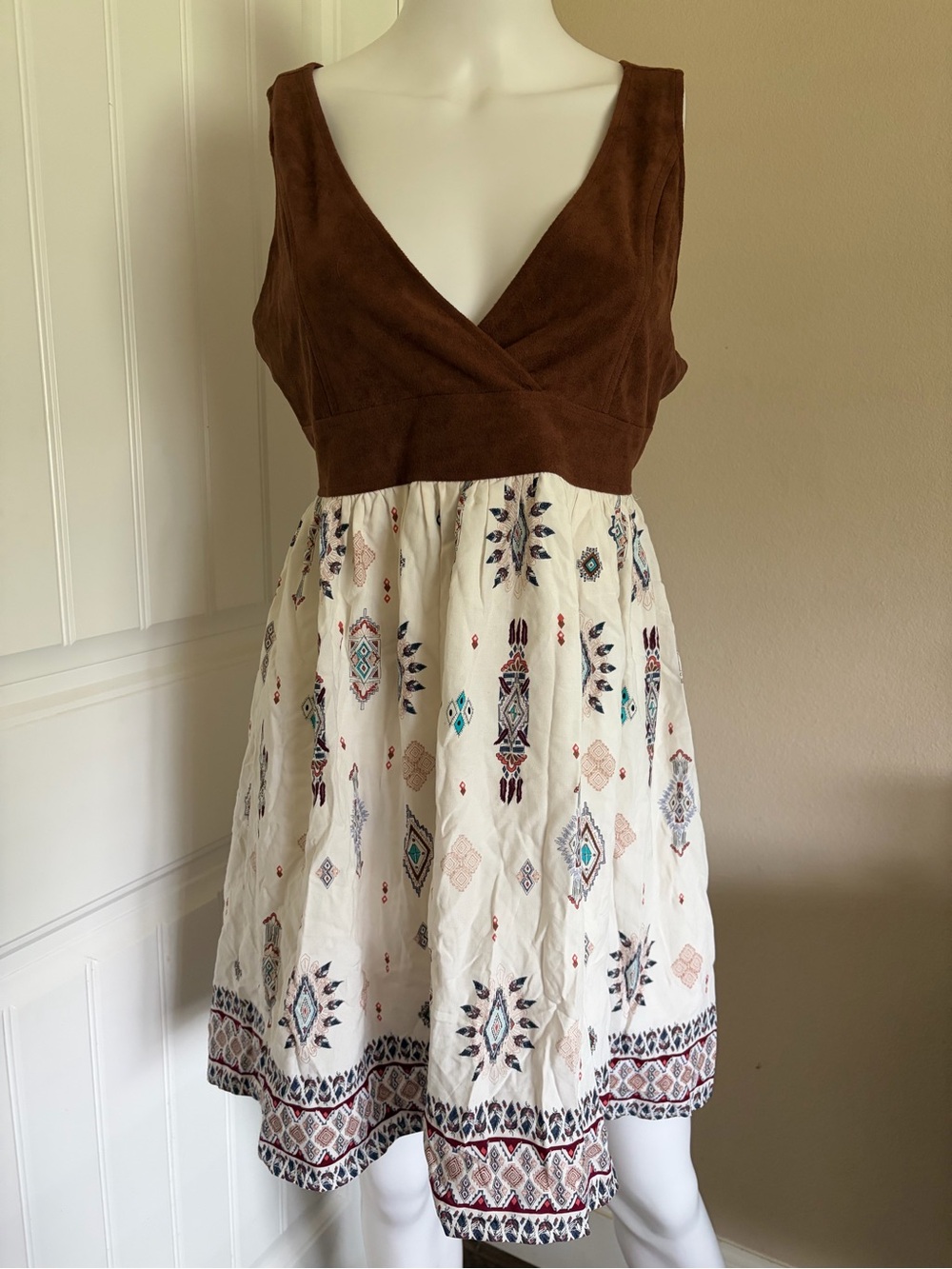 Y2K Shyanne Brown and Cream V-Neck Embroidered Boho Western Corset Mini Dress